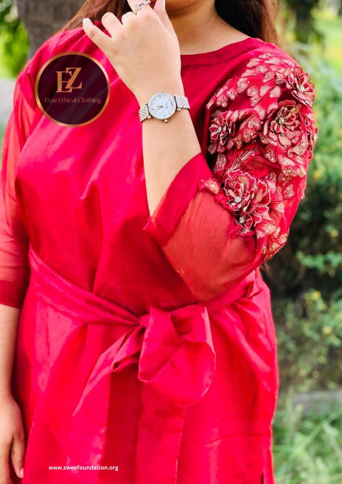 Red embroidered tie waist dress