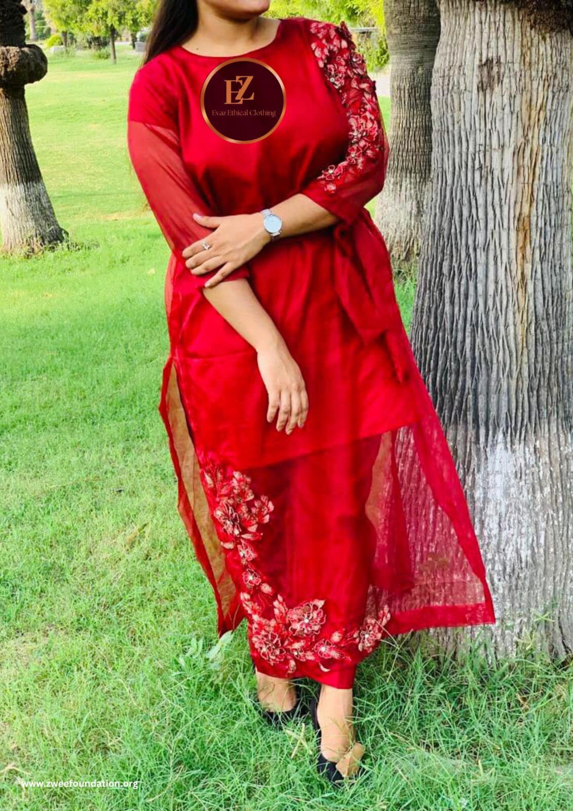 Red embroidered tie waist dress