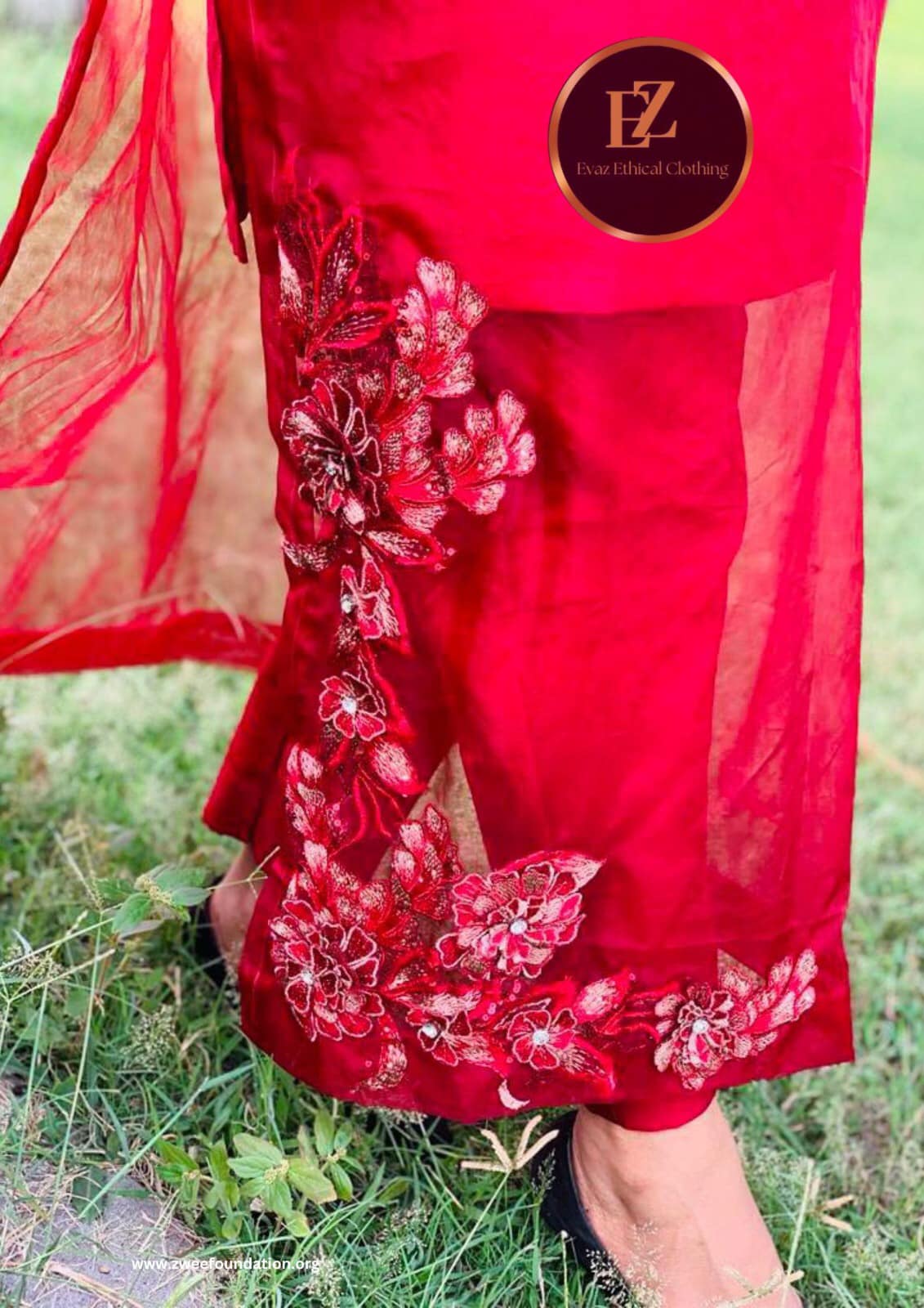 Red embroidered tie waist dress