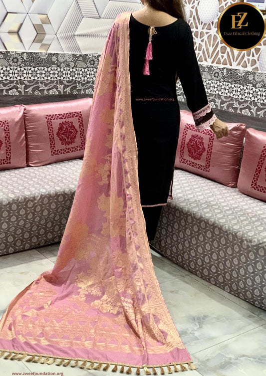 Black Salwar Kameez Pink Dupatta