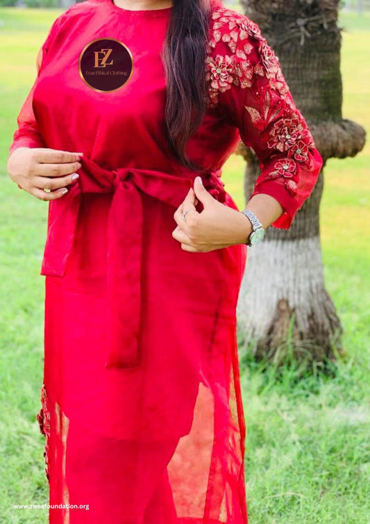 Red embroidered tie waist dress