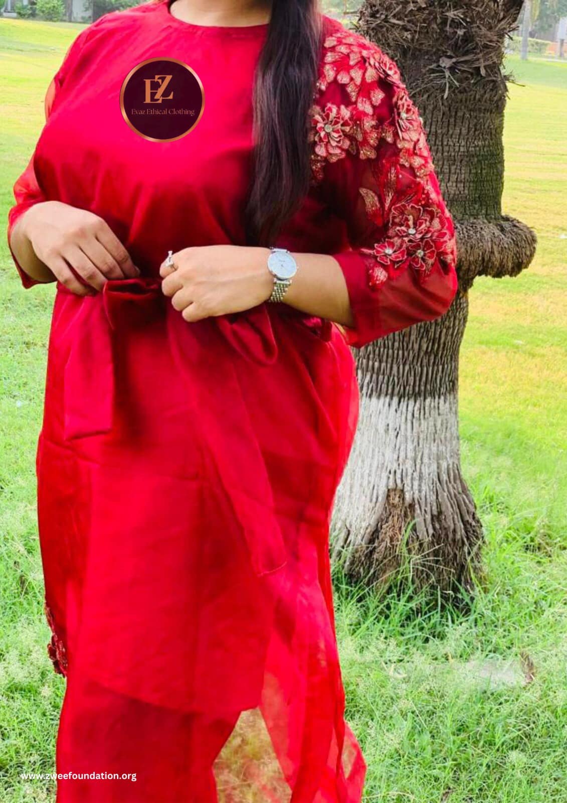 Red embroidered tie waist dress