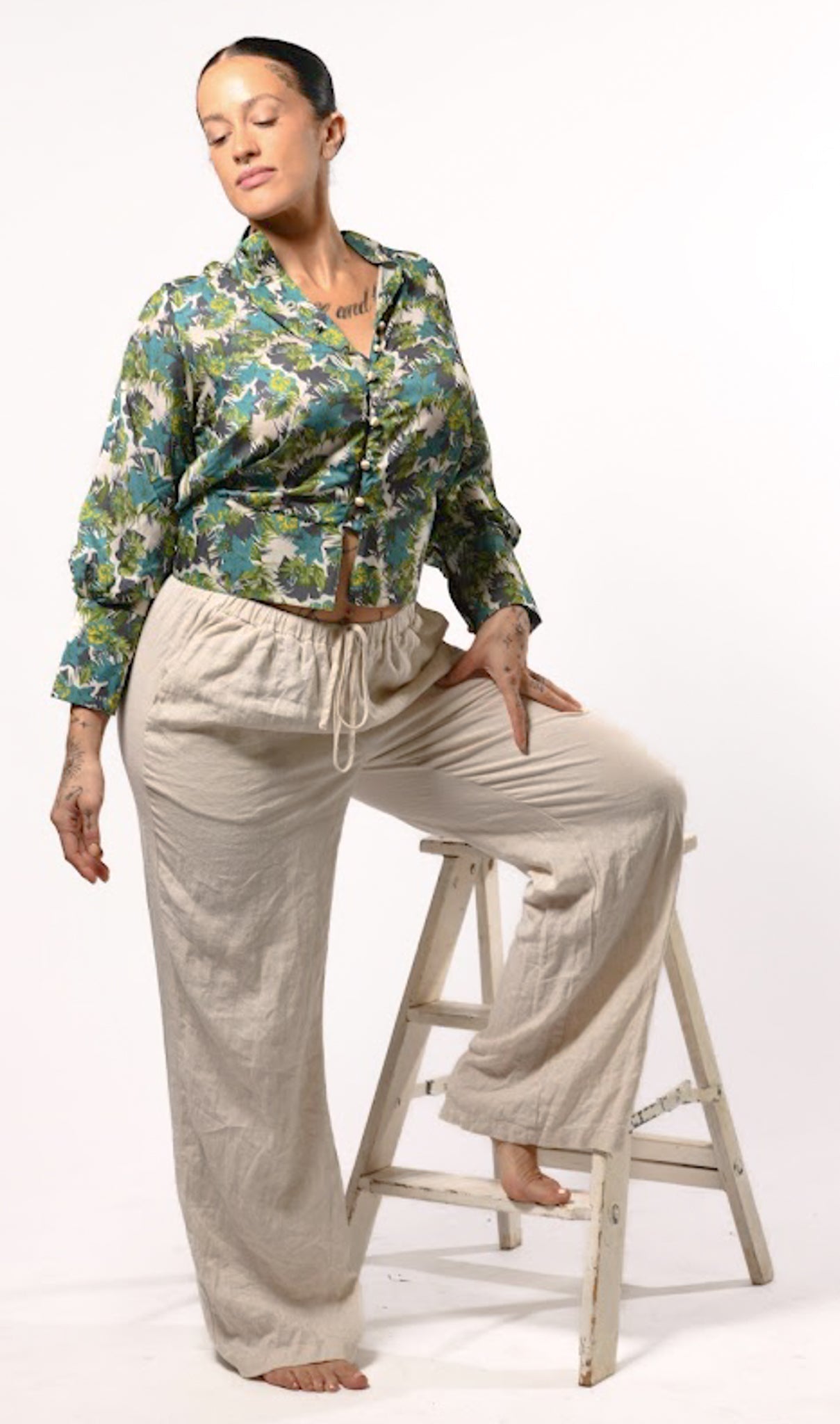 Botanical Button Up Open Back Blouse - Evaz Ethical Clothing