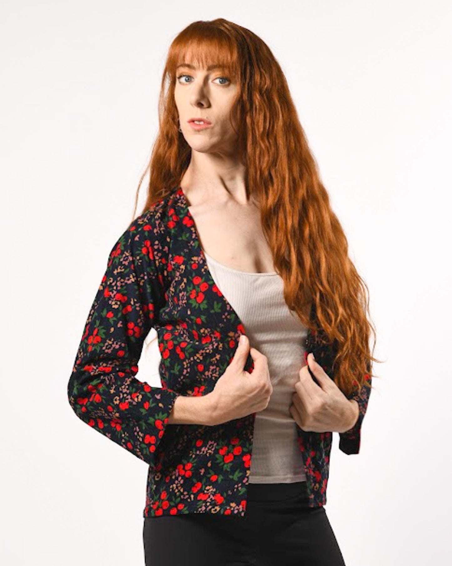 Cherry Printed Corduroy Open Cardigan - Evaz Ethical Clothing