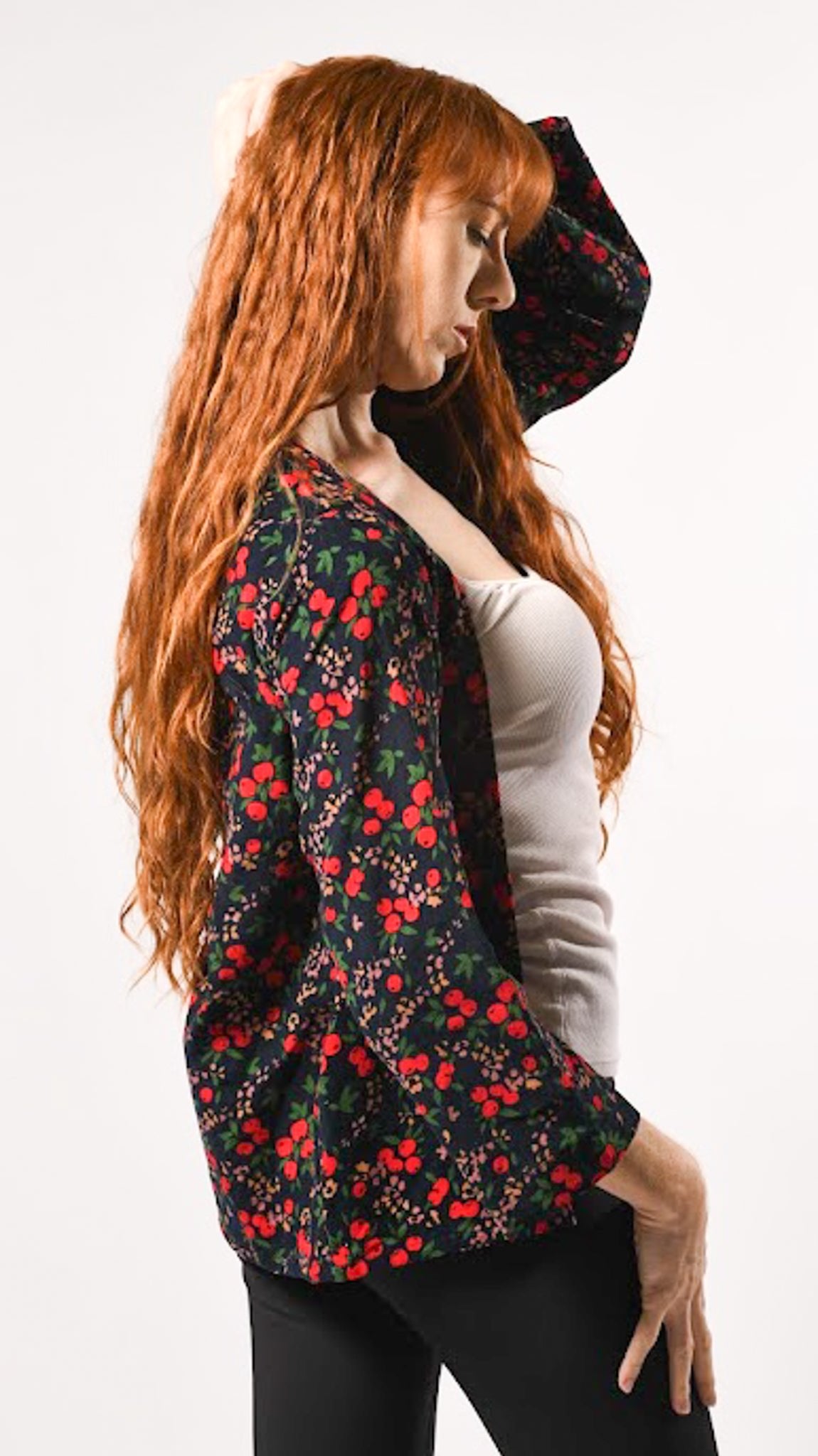 Cherry Printed Corduroy Open Cardigan - Evaz Ethical Clothing