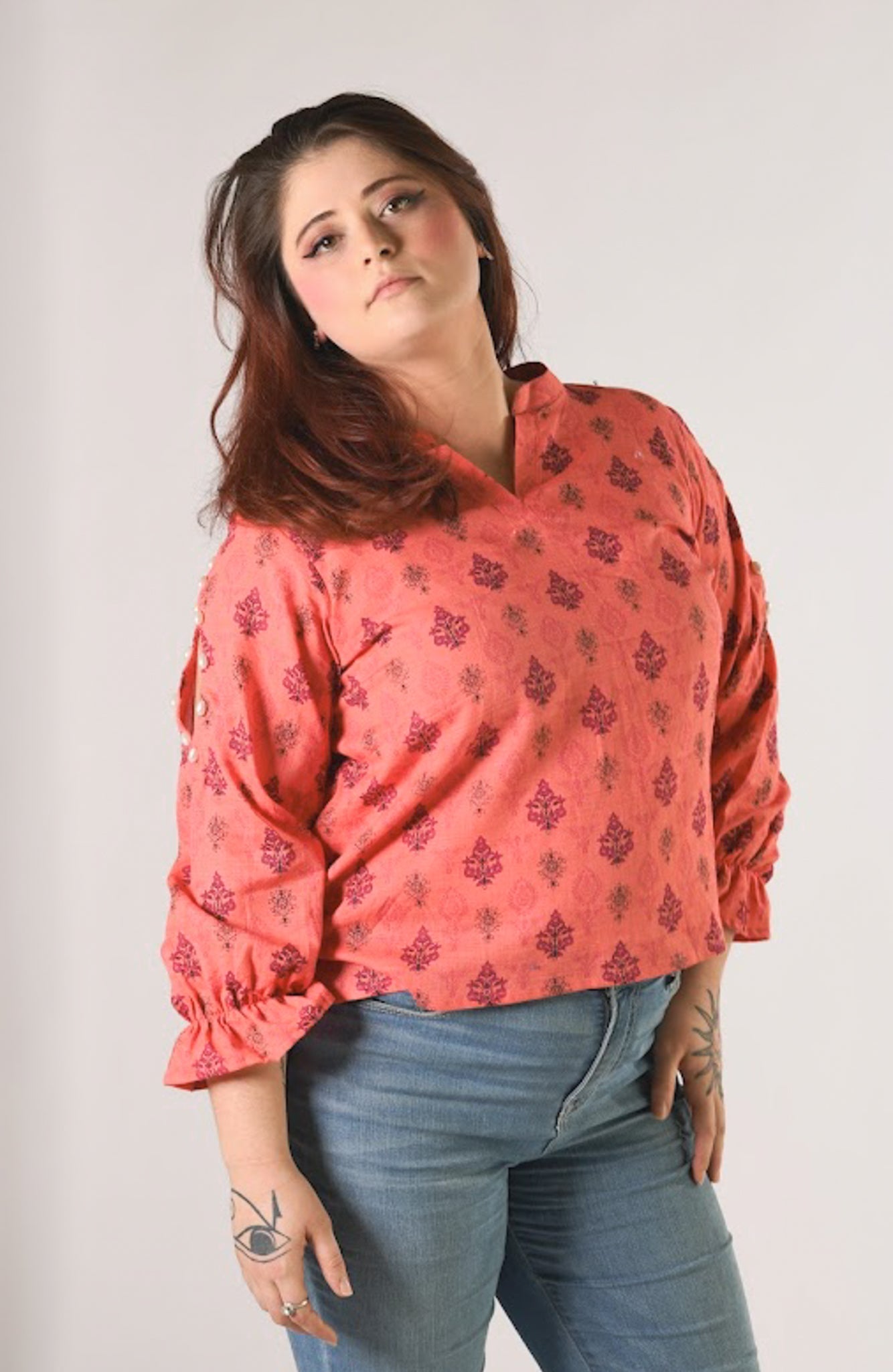 Coral Western Kurta Inspired Shirt - Evaz Ethical Clothing