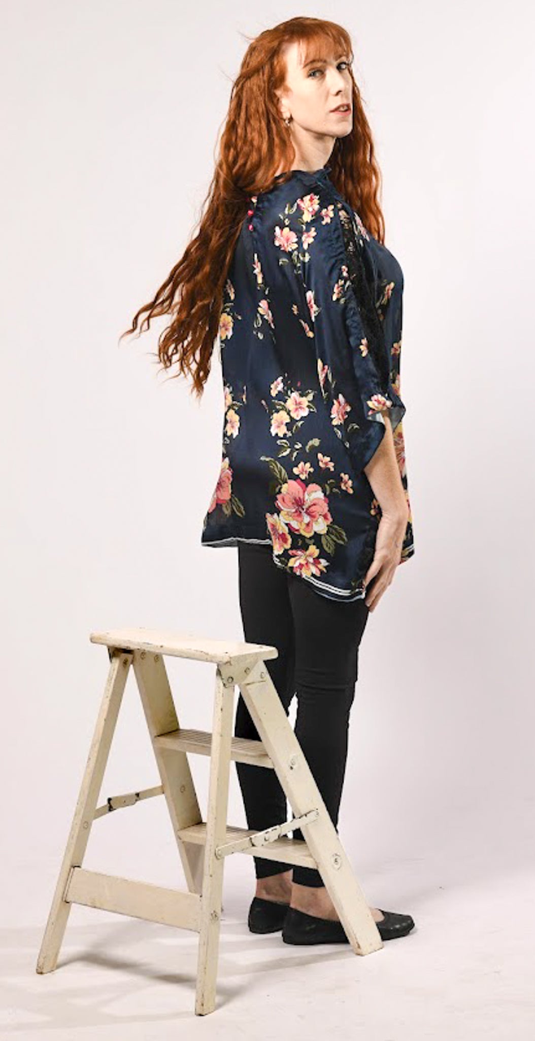 Long Semitransparent Navy Blue Floral Blouse - Evaz Ethical Clothing