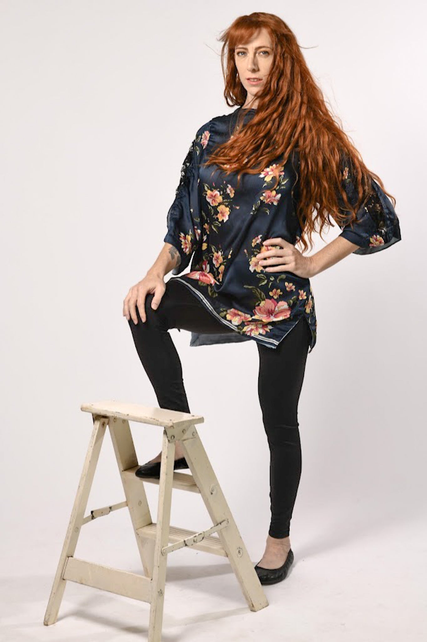 Long Semitransparent Navy Blue Floral Blouse - Evaz Ethical Clothing