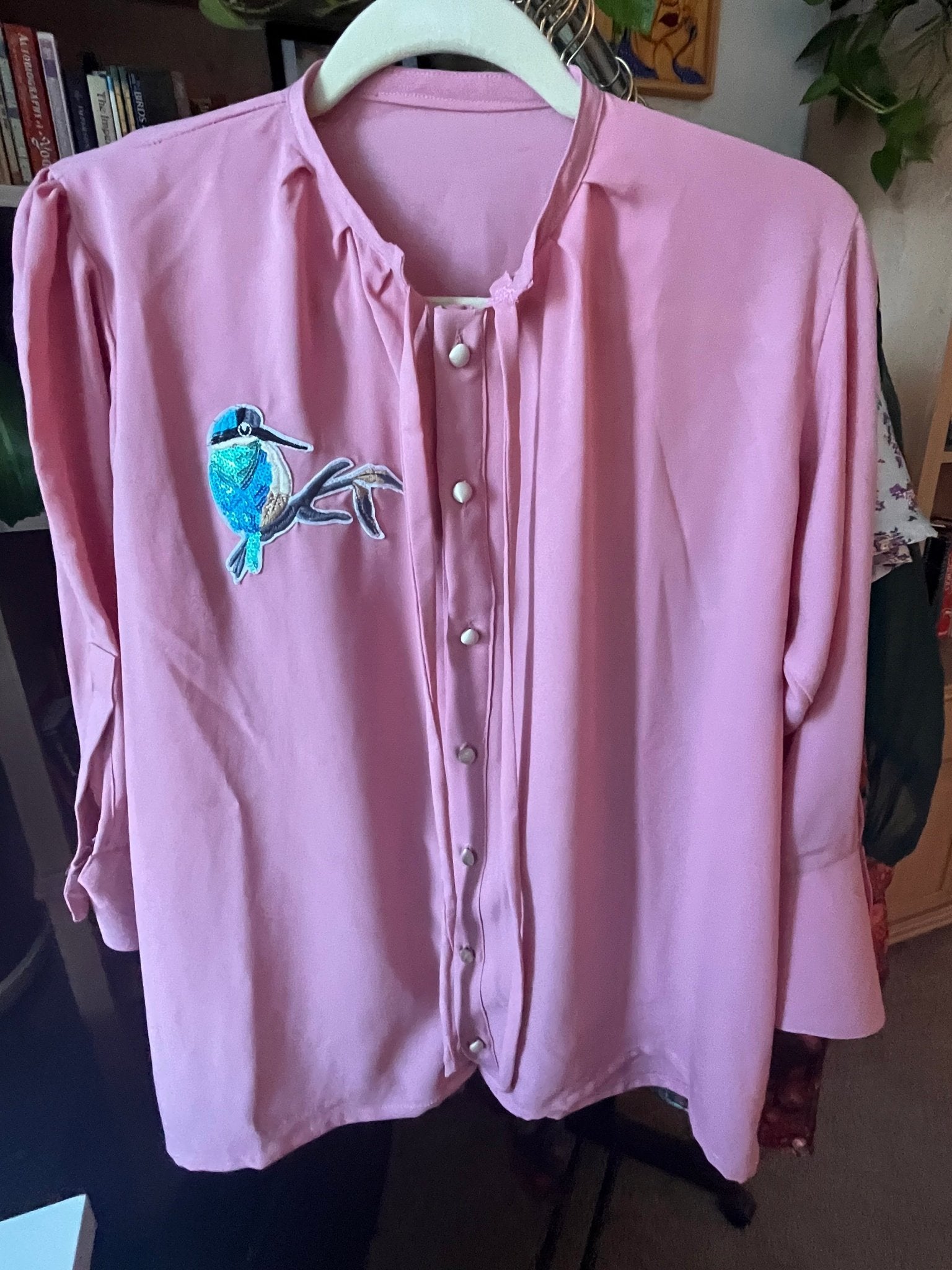 Women's 3/4 sleeve button up Pink Shirt with Embroidery - Evaz Ethical Clothing