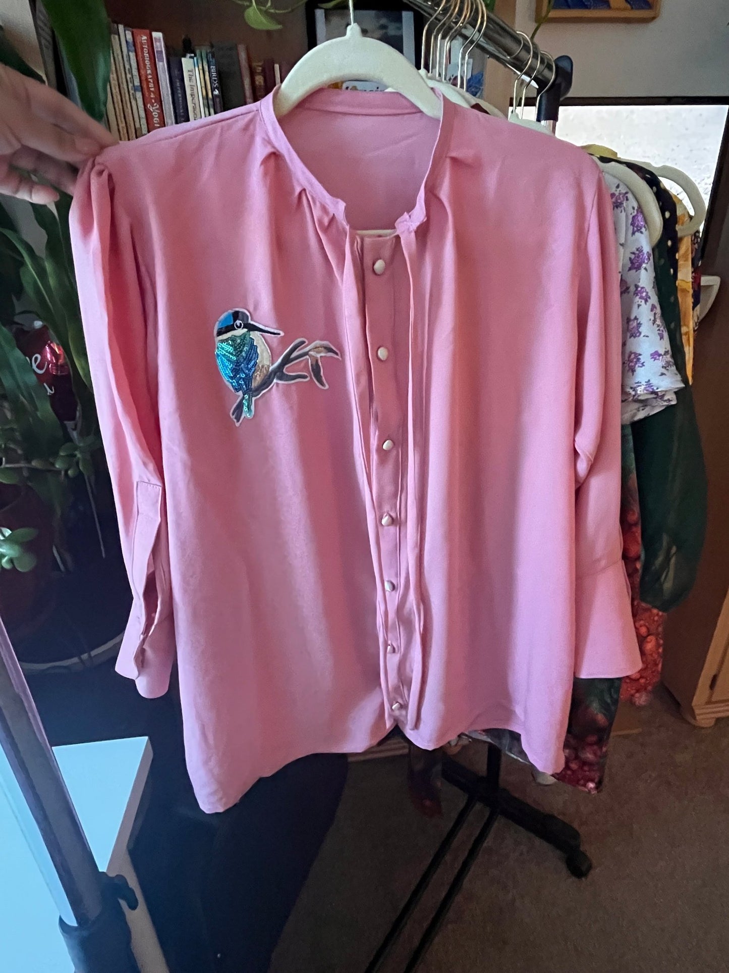 Women's 3/4 sleeve button up Pink Shirt with Embroidery - Evaz Ethical Clothing