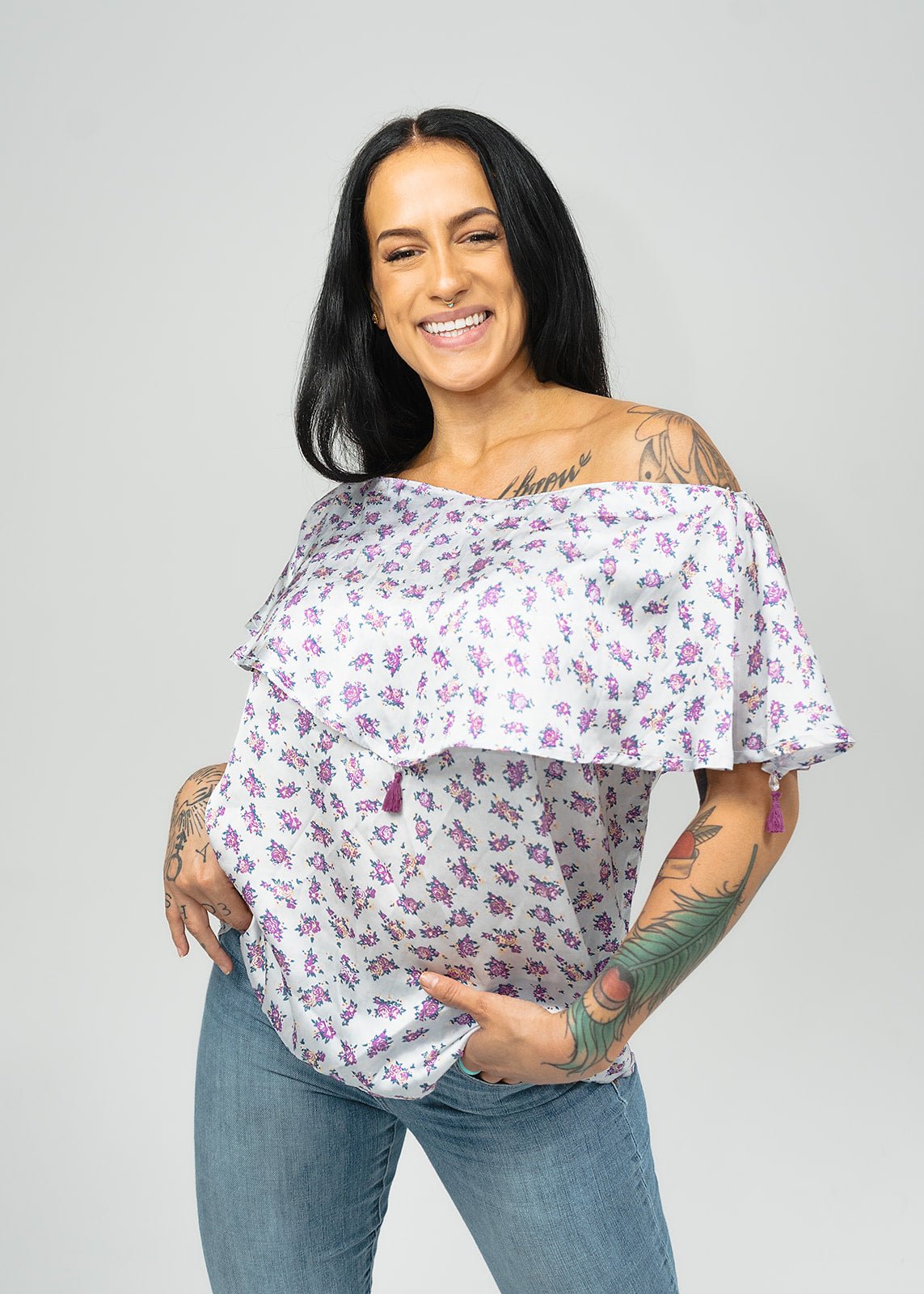 Women's Floral Print Layered Off the shoulder Top - Evaz Ethical Clothing